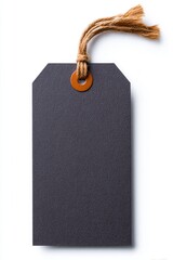 A blank black tag with a natural twine string is presented on a clean white background, This image is ideal for product labeling, branding projects, or gift tagging to convey a rustic aesthetic,
