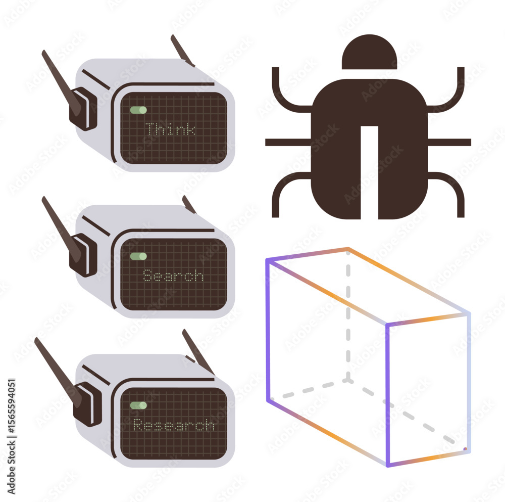 Poster three ai-powered robots labeled think, search, and research, a bug representing cybersecurity, and a