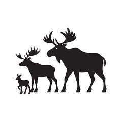 Silhouette Of Moose Family With Calf