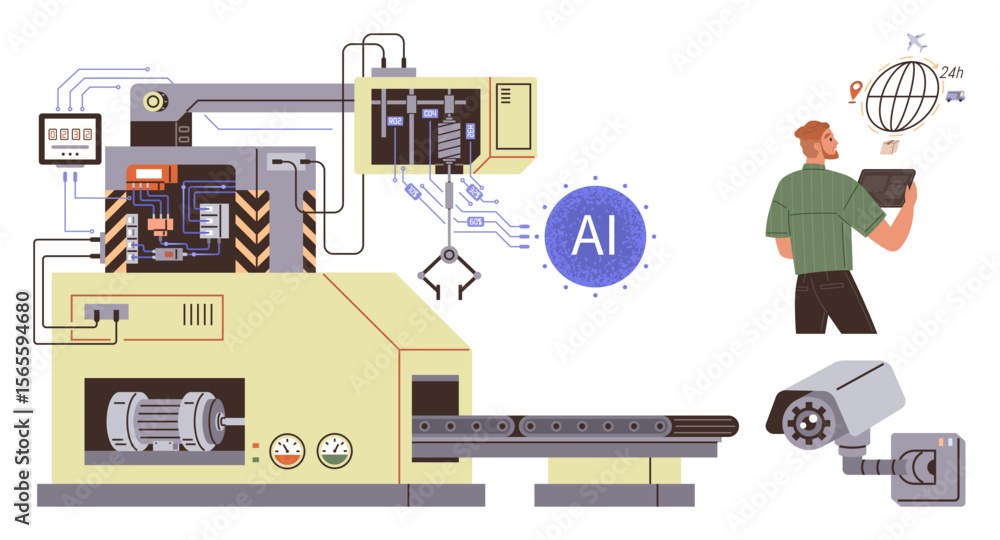 Poster advanced machinery with ai-driven control systems, a robotic arm, and a technician using a tablet. i
