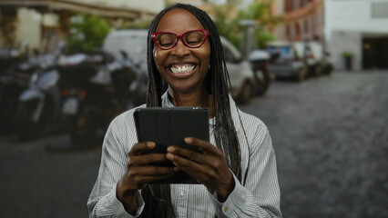 Woman smiling with tablet on urban street wearing red glasses and striped blouse showcasing city...