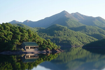 Fototapeta premium Reflections of a tranquil forest along a calm river's edge