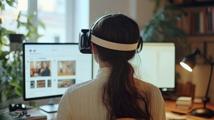 Person wearing virtual reality headset at computer.