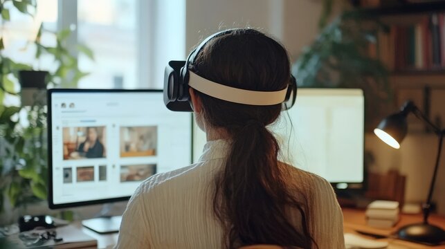 Person wearing virtual reality headset at computer.