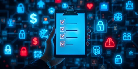 Digital Compliance Hand, Cybersecurity Checklist Showing Secure Data, With Glowing Icons, Symbolizing Management And Risk Assessment. Future Is Here.