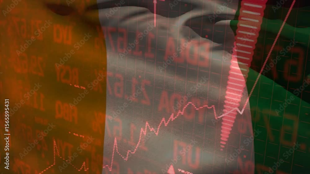 Aufkleber irish tricolor flag waving triggers red data scrolling while chart climbing showing market gains
