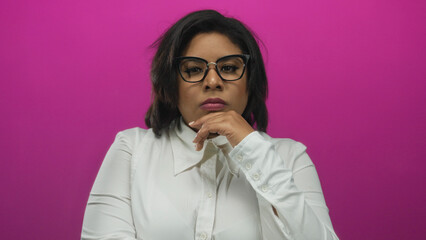 Woman posing with glasses against vibrant pink background, wearing white blouse, conveys confidence...