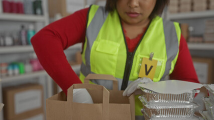 Woman wearing reflective vest and gloves prepares food packages in indoor charity setting with...