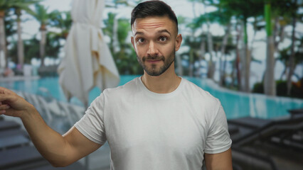 Fototapeta premium Hispanic man making gesture at hotel swimming pool in daytime setting.