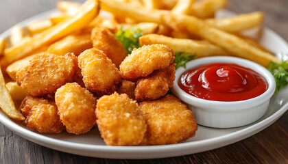 plate showcases perfectly fried nuggets alongside golden fries and a small bowl of ketchup