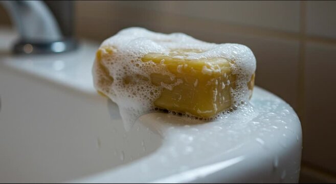 Lathering Natural Soap Bar on White Sink, Close-up - High-quality stock image for commercial use