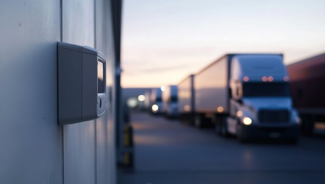 Twilight Logistics: Warehouse Control Panel with Blurred Semi-Trucks