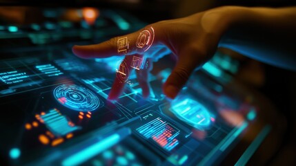 Hand interacting with a futuristic holographic display.