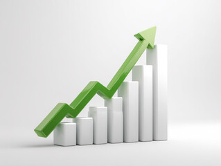 Green arrow soaring over white 3D bar chart. Symbolizes business growth, success, positive trend, market increase. Clean, modern design.
