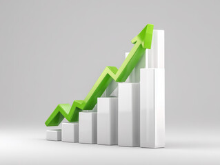 3D bar chart with a prominent green arrow showing upward trend. Ideal for concepts of business growth, financial success, positive progress, and increasing profits