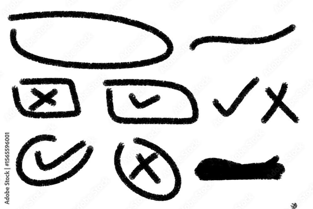 Poster handdrawn check marks, crosses, and underlines are isolated on transparent background