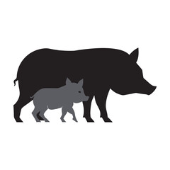Fototapeta premium Wild Boar With Boarlet Piglets Silhouette