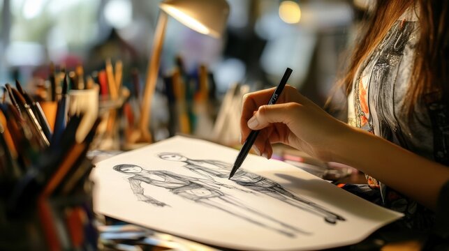 Fashion designer sketching clothing designs on paper.