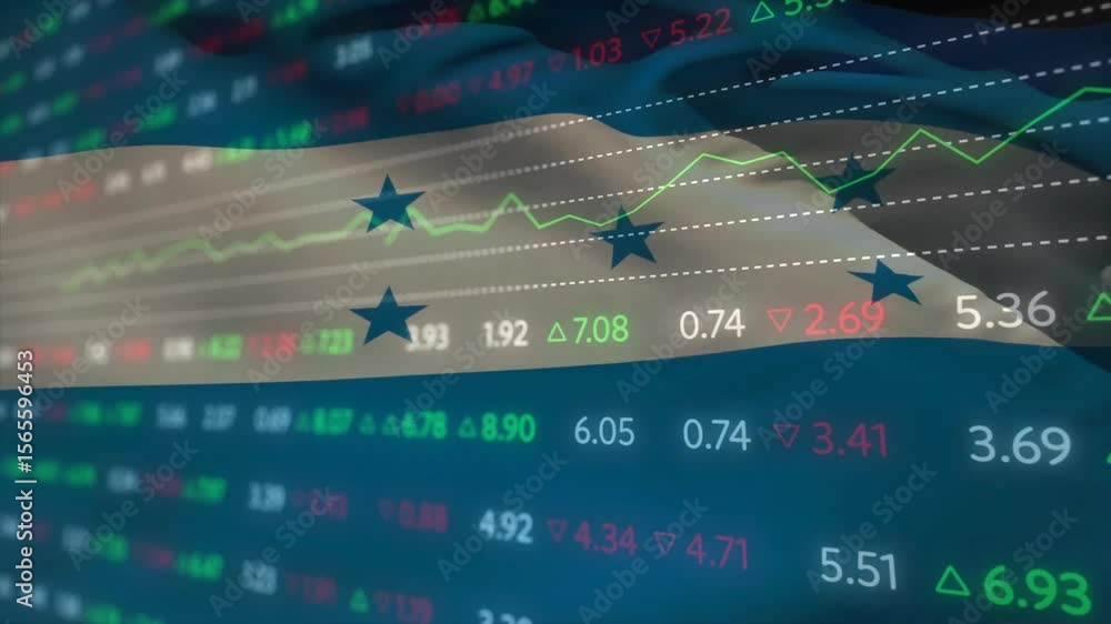 Poster opening 3d flag sliding market data rows while green line graph tracing stars marking surge