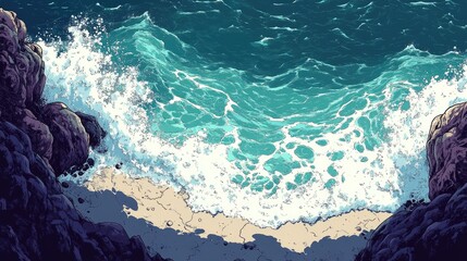 Fototapeta premium Ocean waves crashing on a rocky beach.