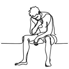Anxiety - handsome man in elegant emotional theatrical pose: minimalist single-line black drawing. One line art.