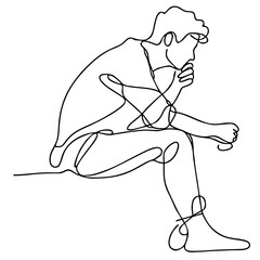 Anxiety - handsome man in elegant emotional theatrical pose: minimalist single-line black drawing. One line art.