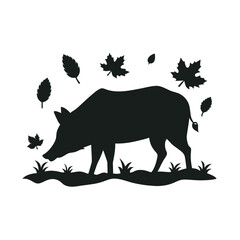 Wild Boar Sniffing Leaves On Forest Floor Silhouette