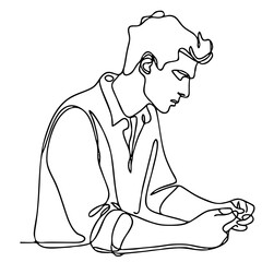 Anxiety - handsome man in elegant emotional theatrical pose: minimalist single-line black drawing. One line art.
