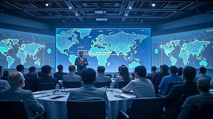 Professional business conference with global data visualization and audience engagement - Powered by Adobe