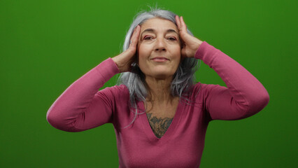 Woman gesturing surrounded by a vivid green background wearing a pink top with visible grey hair...