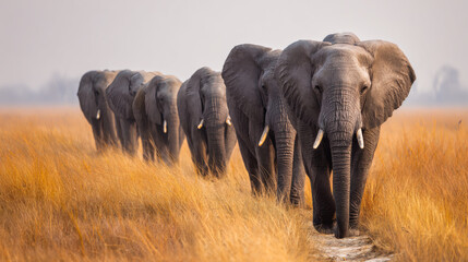 A majestic line of elephants journeys across a golden savanna, highlighting wildlife in its natural habitat in Botswana.