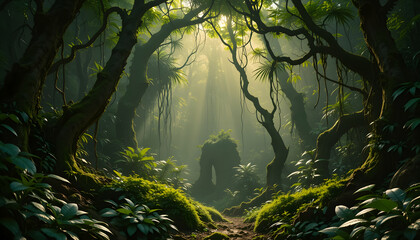 Jungle scene bursting with glowing leaves, twisted vines, and mossy trunks under filtered golden sunlight