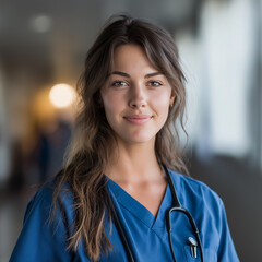 Obraz premium A confident young female healthcare professional in blue scrubs stands in a bright hospital corridor, smiling warmly. She wears a stethoscope around her neck, radiating professionalism and compassion.
