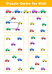 Connect cars according to the example provided. Pre-Writing Worksheet for Toddlers. Puzzle Game for Children. Preschool Worksheet Activity for Kids. Educational Game.