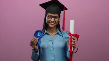Smiling woman in graduation attire holding diploma and ribbon against a pink background celebrates...
