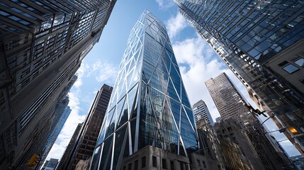 An iconic steel-and-glass skyscraper with dynamic angles, reflecting other buildings in downtown skyline