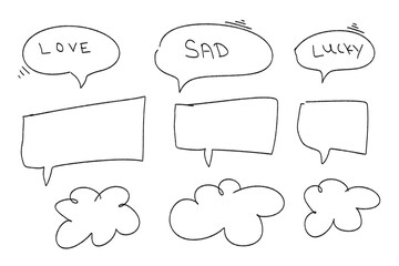 Hand drawn speech bubbles and clouds isolated on transparent background