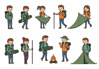 Set of Cartoon People Camping with Gear and Activities, Including Hiking, Setting Up Tent, Campfire, and Packing