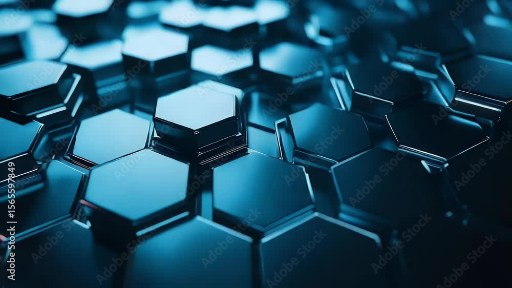 Poster abstract hexagonal pattern 3d render with blue and black hues and textured design