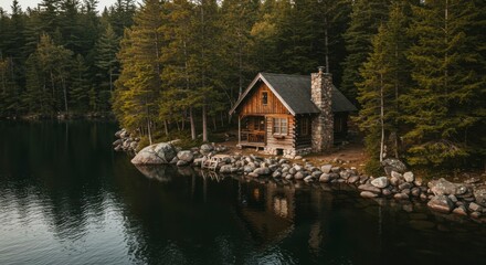 Fototapeta premium Secluded wooden cabin nestled on a tranquil lake shore, surrounded by lush evergreen forest