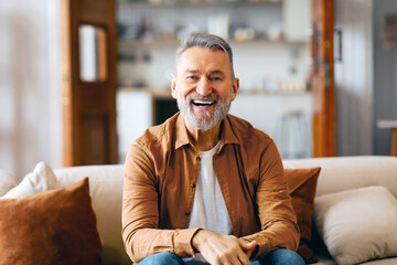 Portrait of Excited senior man posing alone at home, sitting on couch and smiling, looking at...