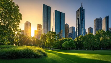Fototapeta premium Urban Oasis: Skyscrapers and Sunset Embrace Lush Greenery