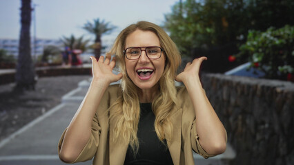 Woman laughing on a city street uncovers her face with blonde hair and glasses under sunny outdoor...