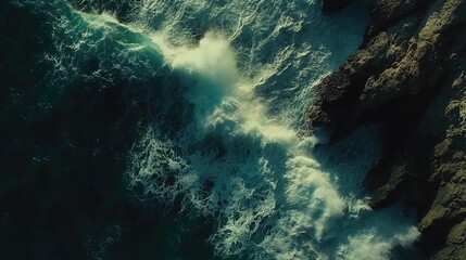 Obraz premium Powerful ocean waves crashing against jagged rocks from above.