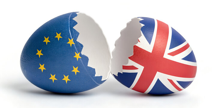 Brexit Concept Illustration – Broken Eggshell with EU and UK Flags on White Background