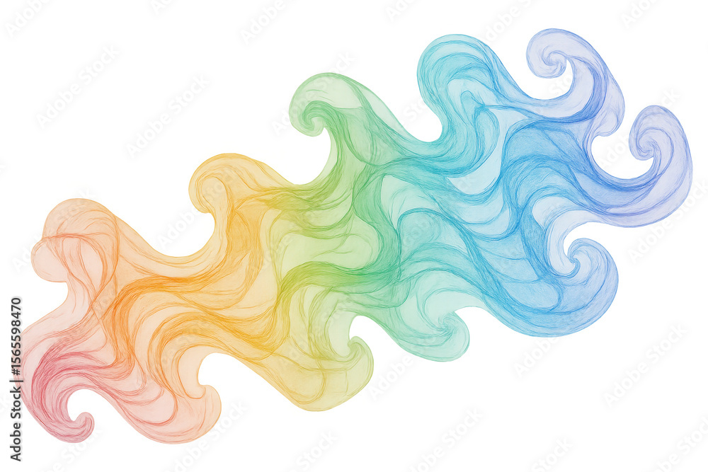 Poster multicolored pencil scribbles creating dynamic wave pattern, arcing with vivid colors over transpare
