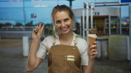 Young blonde woman in apron holding ice cream cone and making victory gesture outside airport...