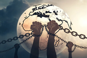 Global Fight Against Oppression Illustration – Silhouetted Fists in Chains Before Sunlit Earth and Dark Sky