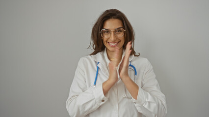 Woman clapping with cheerful expression isolated against white backdrop wearing glasses and...