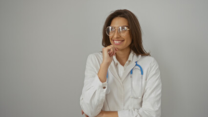 Woman smiling in white coat holding stethoscope over white background representing professional...